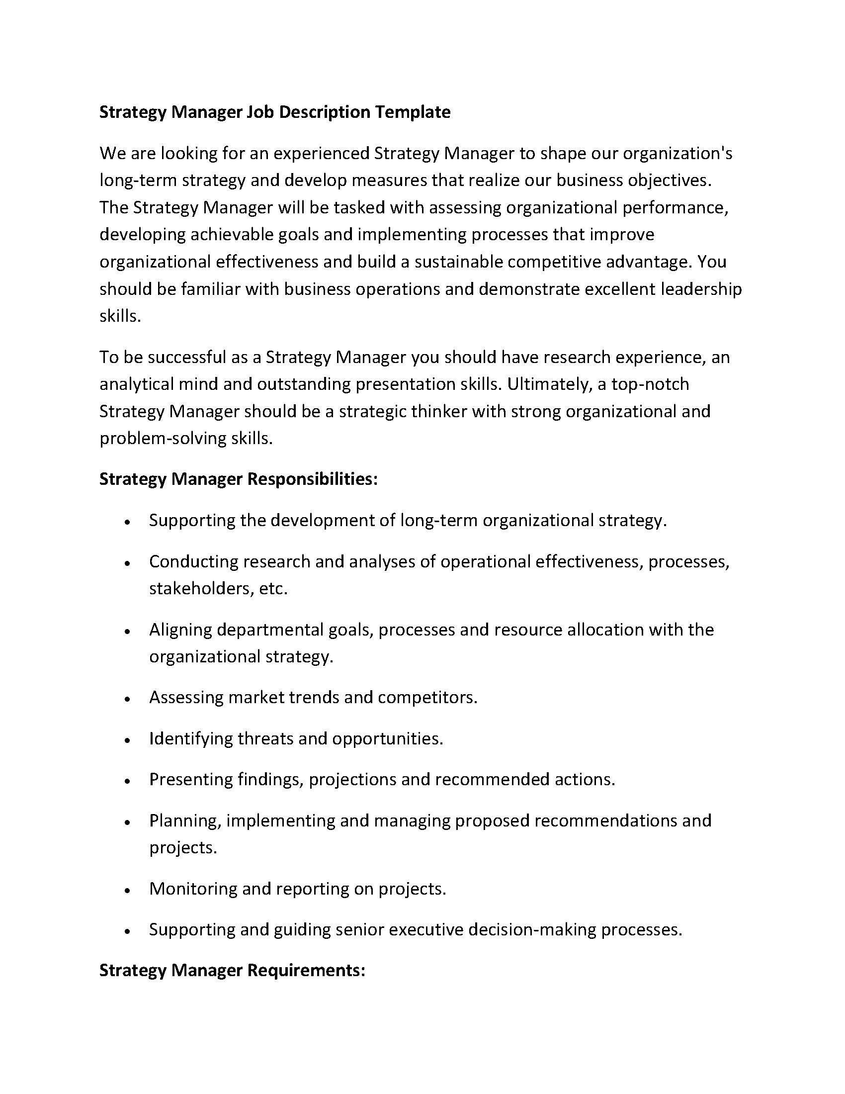 Strategy Manager Job Description Template